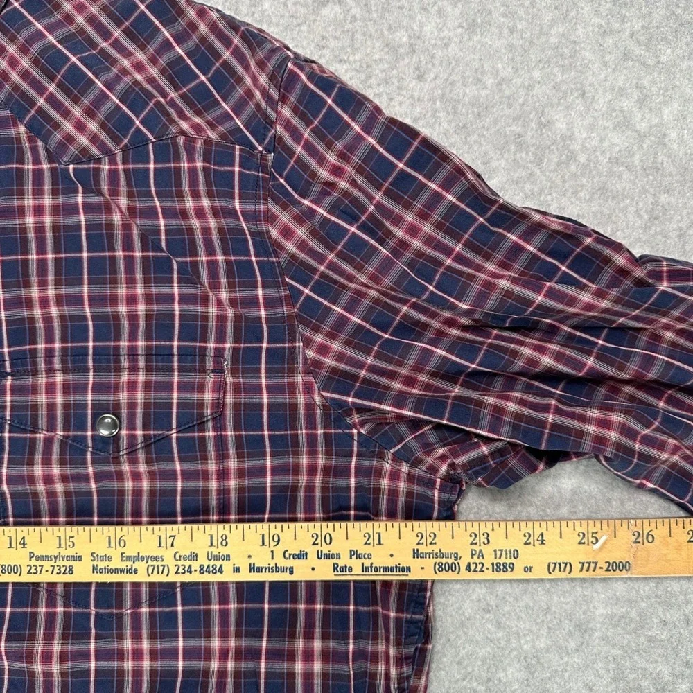 Banana Republic Mens Slim Fit Western Plaid Snap Front Shirt Navy Burgundy Large